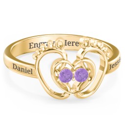 Baby Footprint and Heart Ring with Gemstones in 10K Solid Yellow Gold with Amethyst