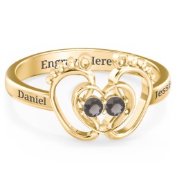 Baby Footprint and Heart Ring with Gemstones in 10K Solid Yellow Gold with Smokey Quartz