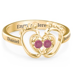 Baby Footprint and Heart Ring with Gemstones in 10K Solid Yellow Gold with Ruby