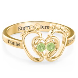Baby Footprint and Heart Ring with Gemstones in 10K Solid Yellow Gold with Peridot