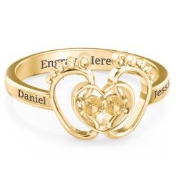 Baby Footprint and Heart Ring with Gemstones in 10K Solid Yellow Gold with Citrine