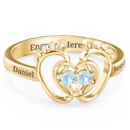 Baby Footprint and Heart Ring with Gemstones in 10K Solid Yellow Gold with Blue Topaz