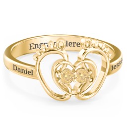 Baby Footprint and Heart Ring with Gemstones in 10K Solid Yellow Gold with Citrine