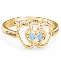 Baby Footprint and Heart Ring with Gemstones in 10K Solid Yellow Gold with Blue Topaz