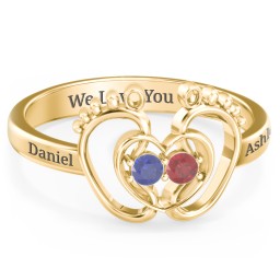 Baby Footprint and Heart Ring with Gemstones in 10K Solid Yellow Gold with Blue Sapphire and Garnet