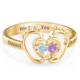 Baby Footprint and Heart Ring with Gemstones in 10K Solid Yellow Gold with Blue Topaz and Amethyst
