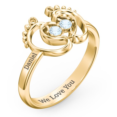 Baby Footprint and Heart Ring with Gemstones – 10K Yellow Gold with Aquamarine
