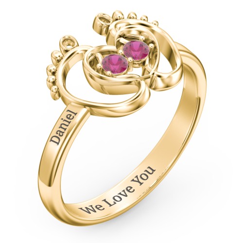Baby Footprint and Heart Ring with Gemstones – 10K Yellow Gold with Ruby