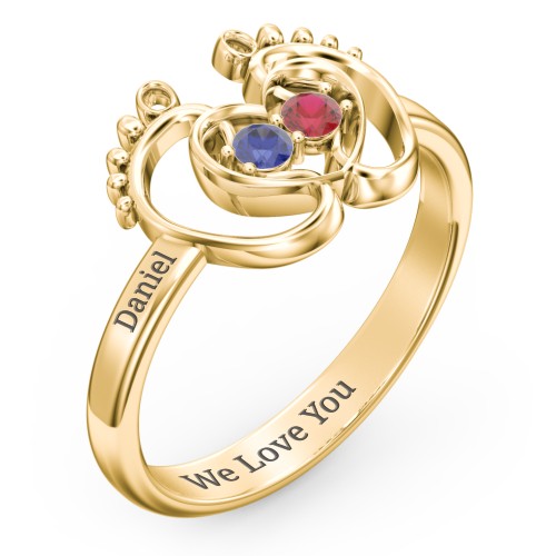Baby Footprint and Heart Ring with Gemstones – 10K Yellow Gold with Blue Sapphire and Garnet