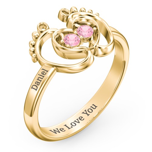 Baby Footprint and Heart Ring with Gemstones – 10K Yellow Gold with Pink Tourmaline