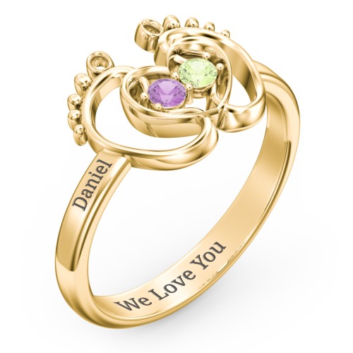 Baby Footprint and Heart Ring with Gemstones – 10K Yellow Gold with Amethyst and Peridot