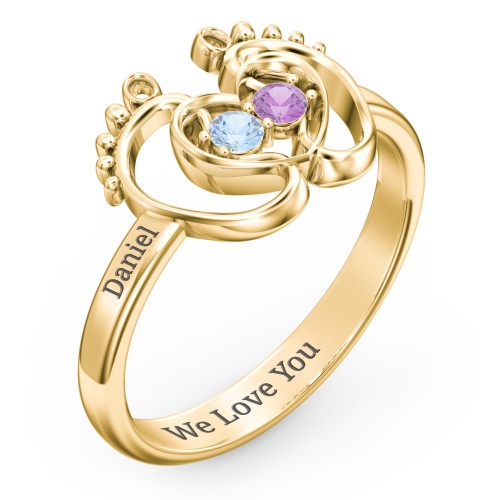 Baby Footprint and Heart Ring with Gemstones – 10K Yellow Gold with Blue Topaz and Amethyst