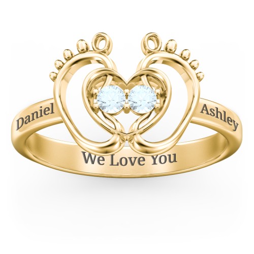 Baby Footprint and Heart Ring with Gemstones – 10K Yellow Gold with Aquamarine