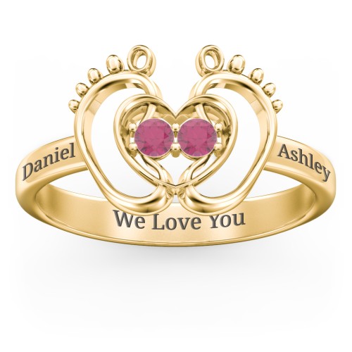 Baby Footprint and Heart Ring with Gemstones – 10K Yellow Gold with Ruby