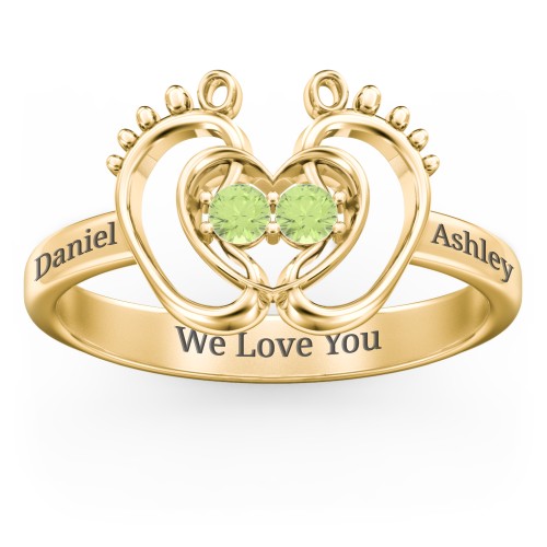 Baby Footprint and Heart Ring with Gemstones – 10K Yellow Gold with Peridot