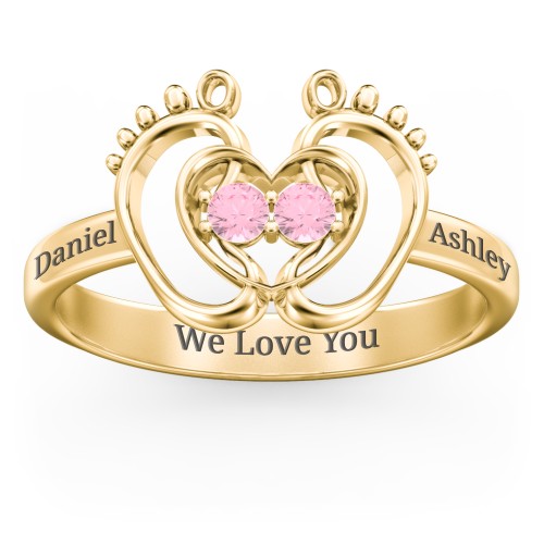 Baby Footprint and Heart Ring with Gemstones – 10K Yellow Gold with Pink Tourmaline