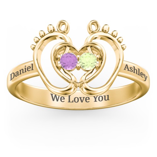 Baby Footprint and Heart Ring with Gemstones – 10K Yellow Gold with Amethyst and Peridot