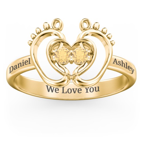 Baby Footprint and Heart Ring with Gemstones – 10K Yellow Gold with Citrine