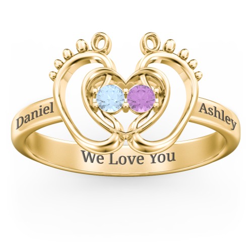 Baby Footprint and Heart Ring with Gemstones – 10K Yellow Gold with Blue Topaz and Amethyst