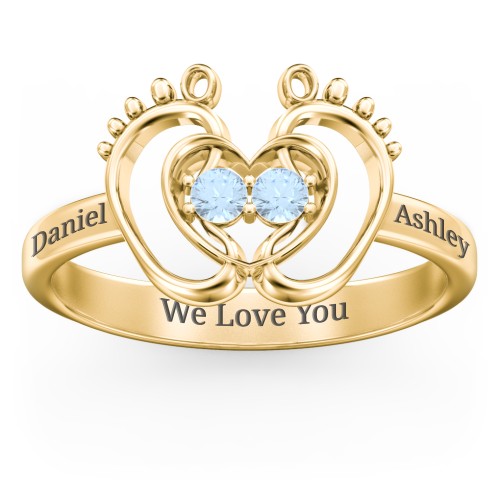 Baby Footprint and Heart Ring with Gemstones – 10K Yellow Gold with Blue Topaz