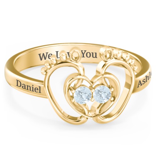 Baby Footprint and Heart Ring with Gemstones – 10K Yellow Gold with Aquamarine