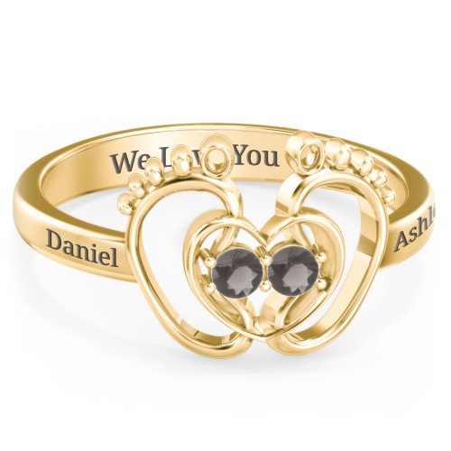 Baby Footprint and Heart Ring with Gemstones – 10K Yellow Gold with Smokey Quartz