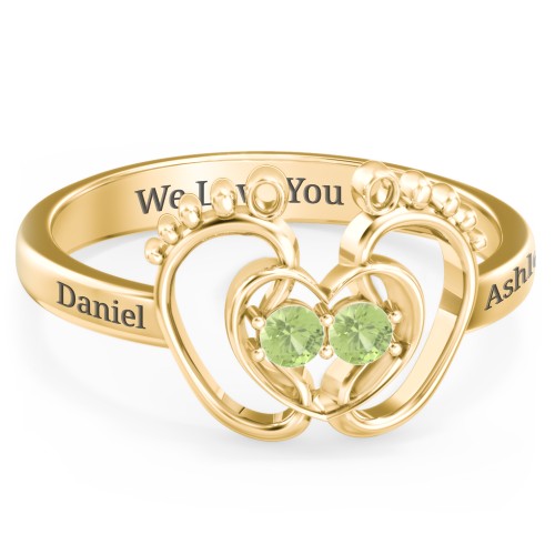 Baby Footprint and Heart Ring with Gemstones – 10K Yellow Gold with Peridot