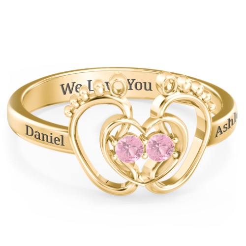 Baby Footprint and Heart Ring with Gemstones – 10K Yellow Gold with Pink Tourmaline