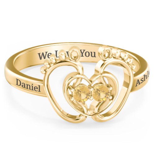 Baby Footprint and Heart Ring with Gemstones – 10K Yellow Gold with Citrine