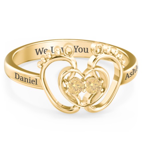 Baby Footprint and Heart Ring with Gemstones – 10K Yellow Gold with Citrine