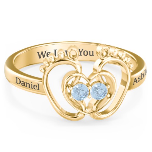 Baby Footprint and Heart Ring with Gemstones – 10K Yellow Gold with Blue Topaz