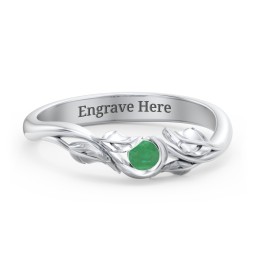 Solitaire Leaf Band Ring in 925 Sterling Silver with Emerald