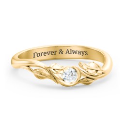 Solitaire Leaf Band Ring in 10K Solid Yellow Gold with Diamond