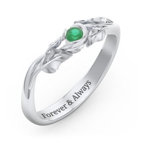 Solitaire Leaf Band Ring – Sterling Silver with Emerald