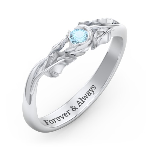 Solitaire Leaf Band Ring – Sterling Silver with Blue Topaz