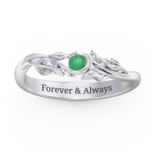 Solitaire Leaf Band Ring – Sterling Silver with Emerald