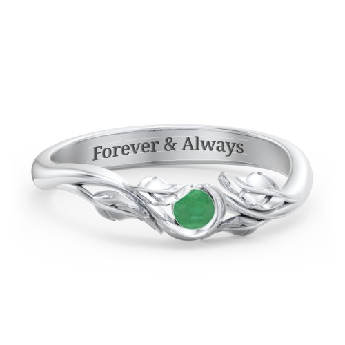 Solitaire Leaf Band Ring – Sterling Silver with Emerald