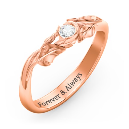 Solitaire Leaf Band Ring – 10K Rose Gold with Cubic Zirconia