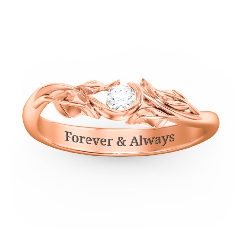 Solitaire Leaf Band Ring – 10K Rose Gold with Cubic Zirconia