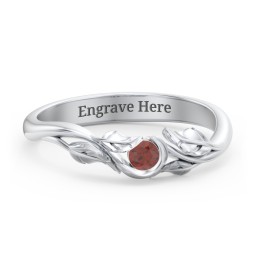Solitaire Leaf Band Ring in 925 Sterling Silver with Garnet