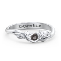 Solitaire Leaf Band Ring in 925 Sterling Silver with Smokey Quartz