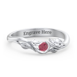 Solitaire Leaf Band Ring in 925 Sterling Silver with Ruby