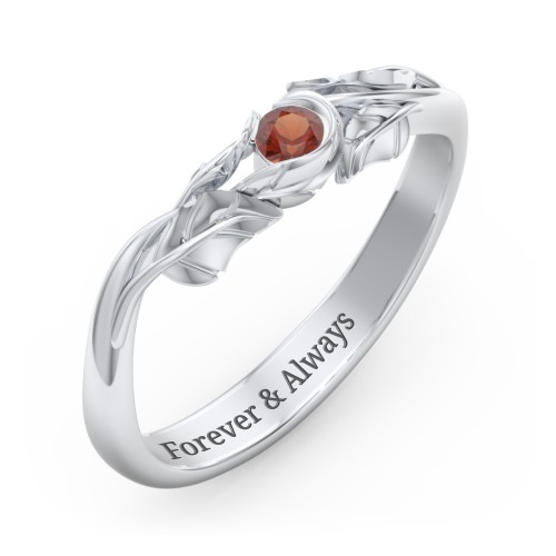Solitaire Leaf Band Ring – Sterling Silver with Garnet