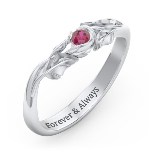 Solitaire Leaf Band Ring – Sterling Silver with Ruby