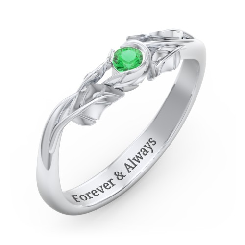 Solitaire Leaf Band Ring – Sterling Silver with Emerald