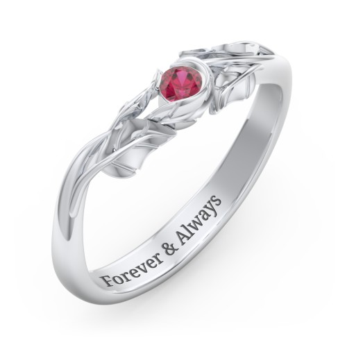 Solitaire Leaf Band Ring – Sterling Silver with Ruby