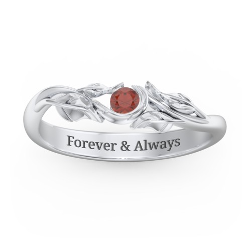 Solitaire Leaf Band Ring – Sterling Silver with Garnet