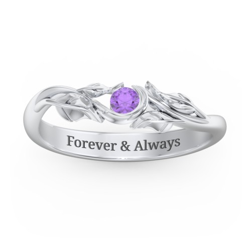Solitaire Leaf Band Ring – Sterling Silver with Amethyst