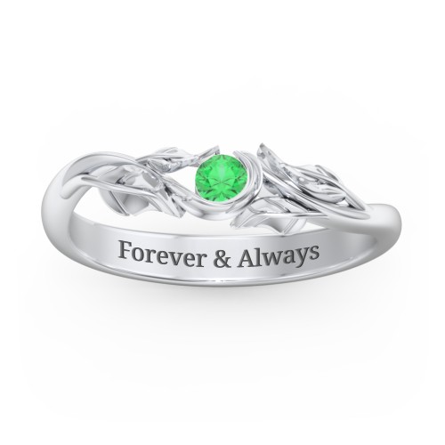 Solitaire Leaf Band Ring – Sterling Silver with Emerald