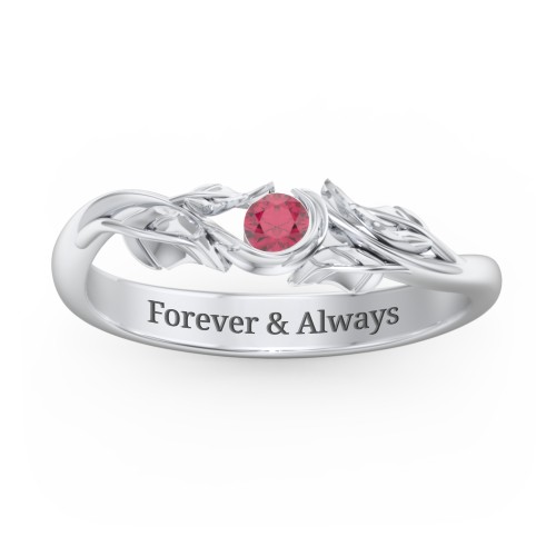 Solitaire Leaf Band Ring – Sterling Silver with Ruby